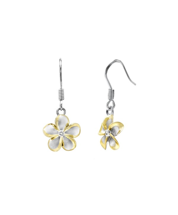 Sterling Silver 14k Yellow Gold Plated Trim CZ Plumeria Hook Earrings- 12mm - CO1175T9769