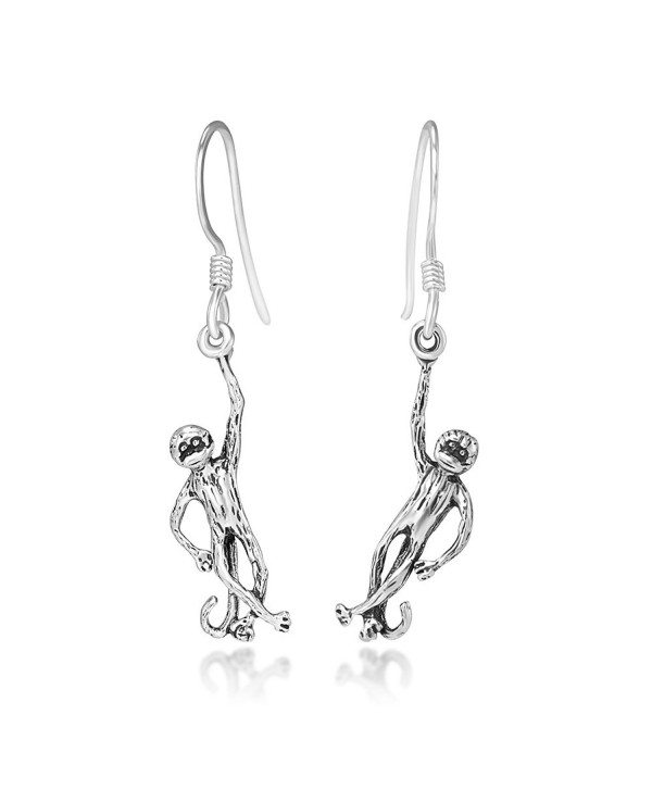 925 Oxidized Sterling Silver Hanging Monkey Ape Baboon Dangle Hook Earrings- 40 mm - C211ASVJB43