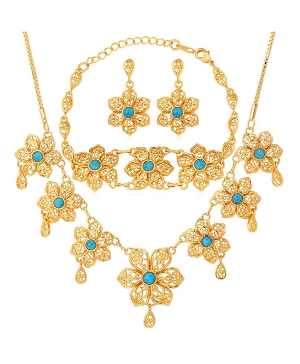 U7 Gold Plated Turquoise Flower Earrings Necklace Bracelet Set for Women - C411Z2ZNXLN