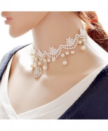 Kissweet White Lace Choker Necklace Elegant Necklace Pearl Pendant Choker for Women - C412JWLSCXV