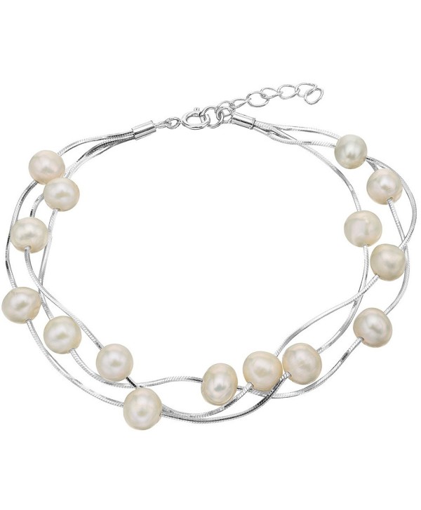 EVER FAITH 925 Sterling Silver Tin Cup 6MM Freshwater Cultured Pearl Station Bracelet - Three Layers - CX12DUX2XZZ