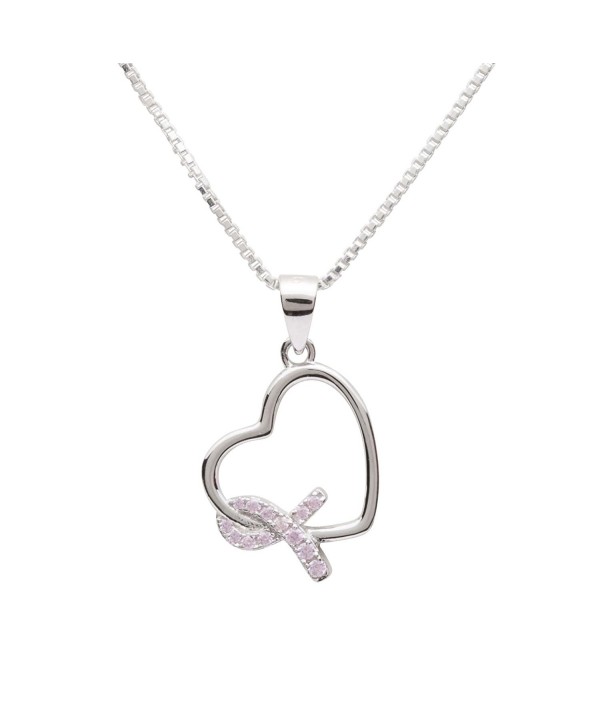 Sterling Silver Heart "Never Give up - You are Loved" Breast Cancer Awareness Ribbon Necklace - CG180500809