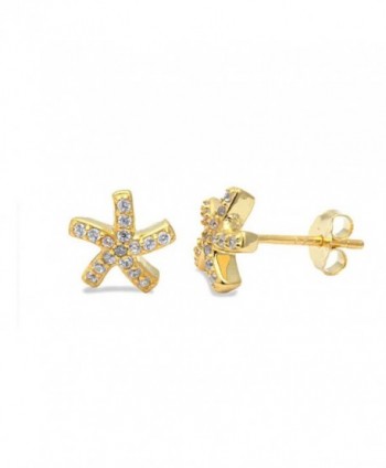 Tiny Starfish Stud Post Earring Pave Round Cubic Zirconia Yellow Tone Plated 925 Sterling Silver - CT12MXOUVG0