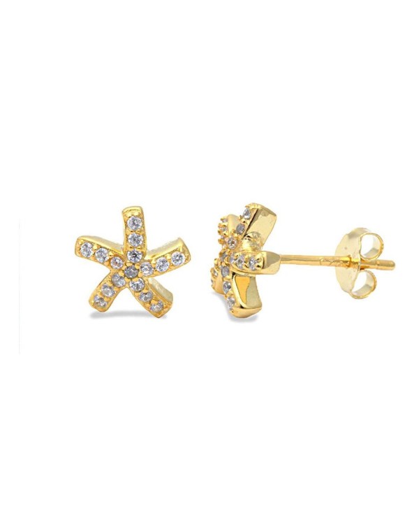 Tiny Starfish Stud Post Earring Pave Round Cubic Zirconia Yellow Tone Plated 925 Sterling Silver - CT12MXOUVG0