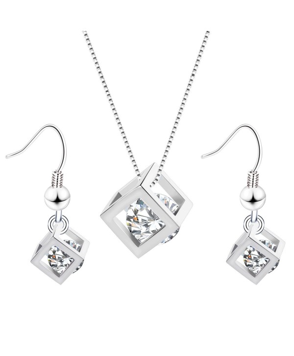 Women's Fashion Jewelry AAA Zircon Embedded Rubik Cube Pendant Necklace Earring Set for Women Teen Girls - Silver - CM12IT6B1W9