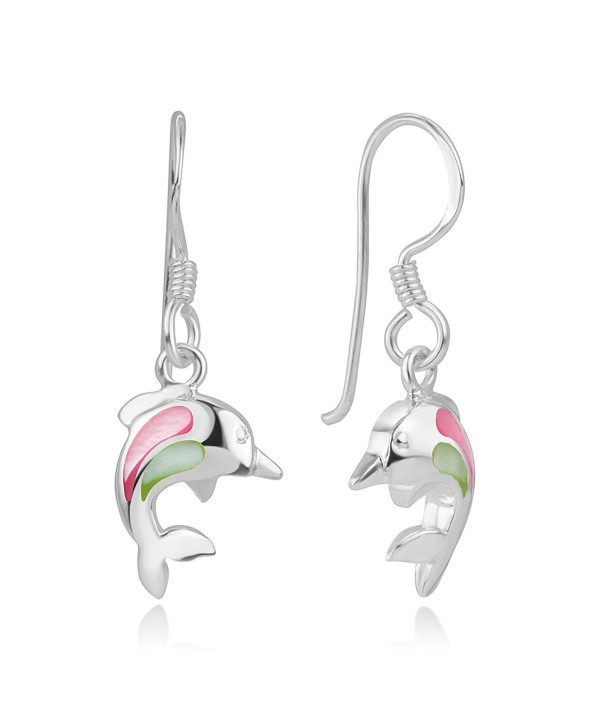 925 Sterling Silver Pink Green Mother of Pearl Dolphin Porpose Fish Dangle Hook Earrings 1.14 inches - CG12LPM875X