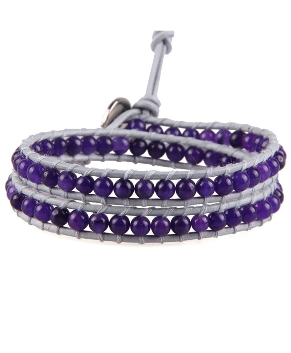 KELITCH Agate Round Beads on Gray Leather 2 Wrap Bracelet Handmade New Summer Bangles - C312B546PL9