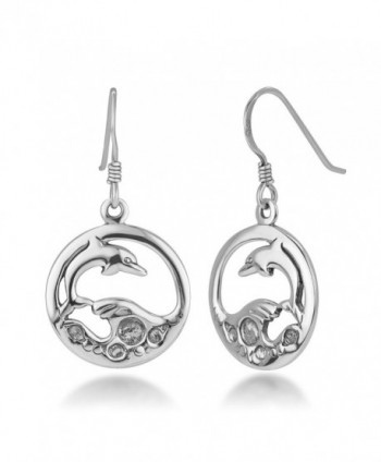 925 Sterling Silver Open Jumping Dolphin Playing Sea Waves Round Dangle Hook Earrings 1.25" - CU12LPM7R7R