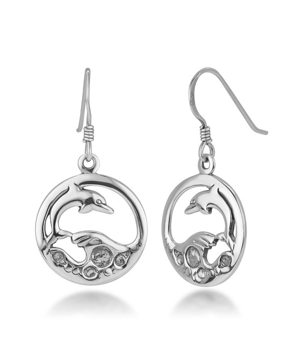 925 Sterling Silver Open Jumping Dolphin Playing Sea Waves Round Dangle Hook Earrings 1.25" - CU12LPM7R7R