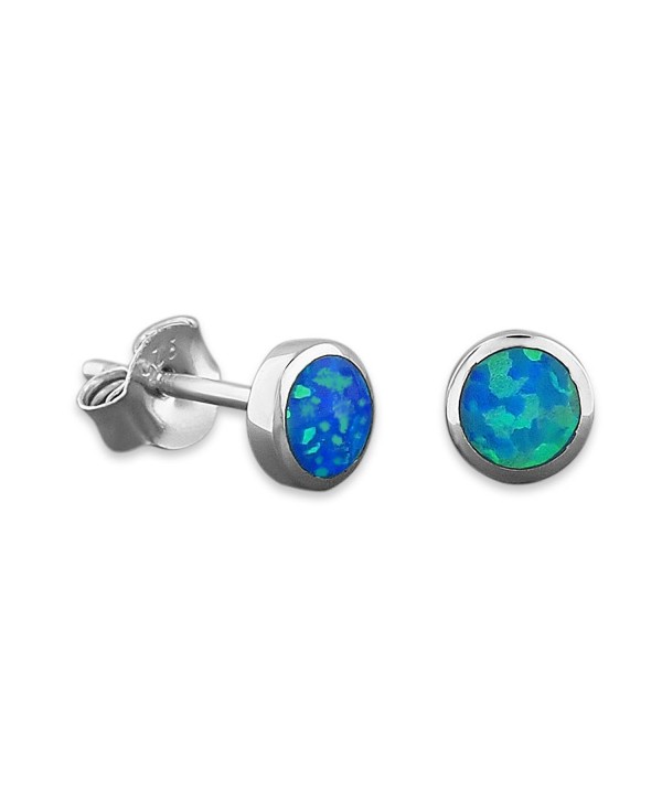 Sterling Silver Synthetic Blue Opal Circle Stud Earrings Mini XS 5mm - CH11H5P9GKF