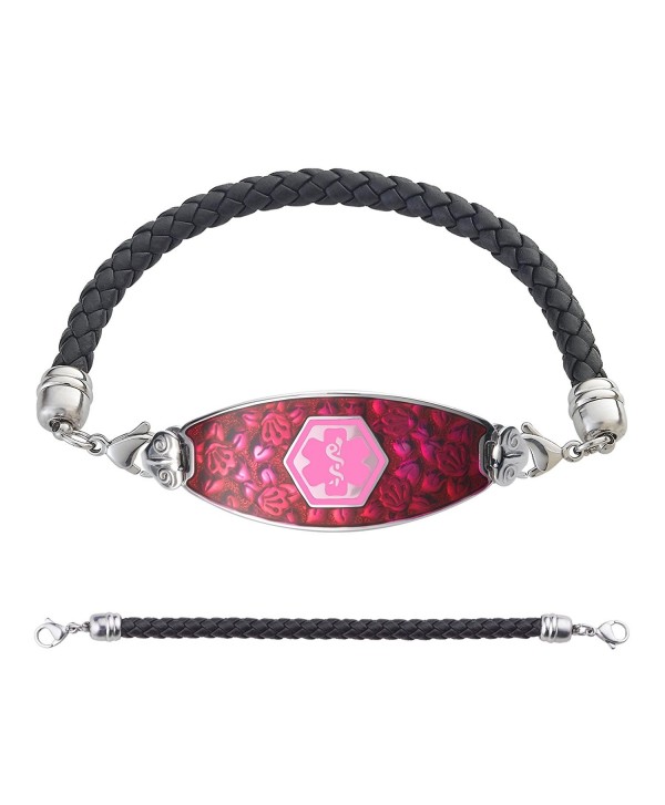 Divoti Custom Engraved Blooming Cherry Blossom Medical Alert Bracelet -Black Braided Leather Chain -Pink - CF183CDEMLI