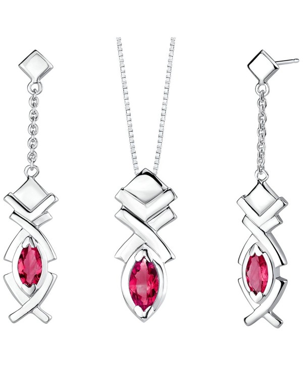 Marquise Shape Created Ruby Pendant Earrings Set in Sterling Silver Rhodium Nickel Finish - C2111NX6QD5