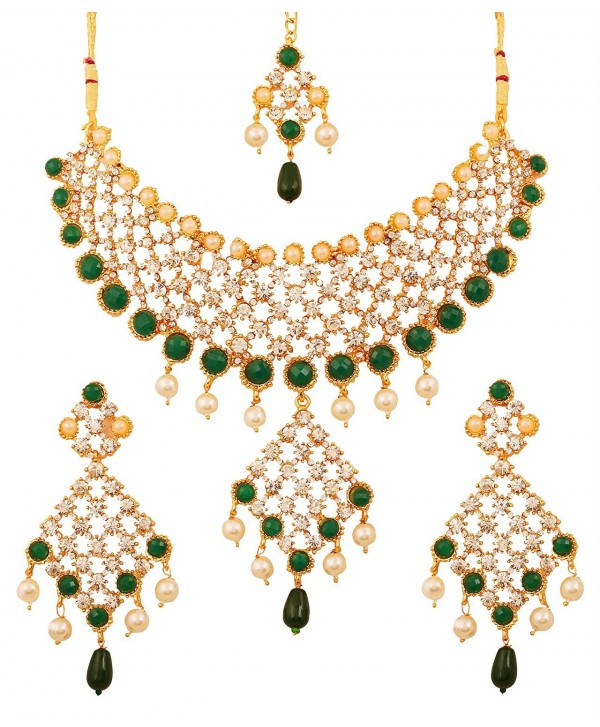 Touchstone gold tone Indian bollywood green faux emeralds/pearls bridal jewelry necklace set for women - CM12L5AYSQ1