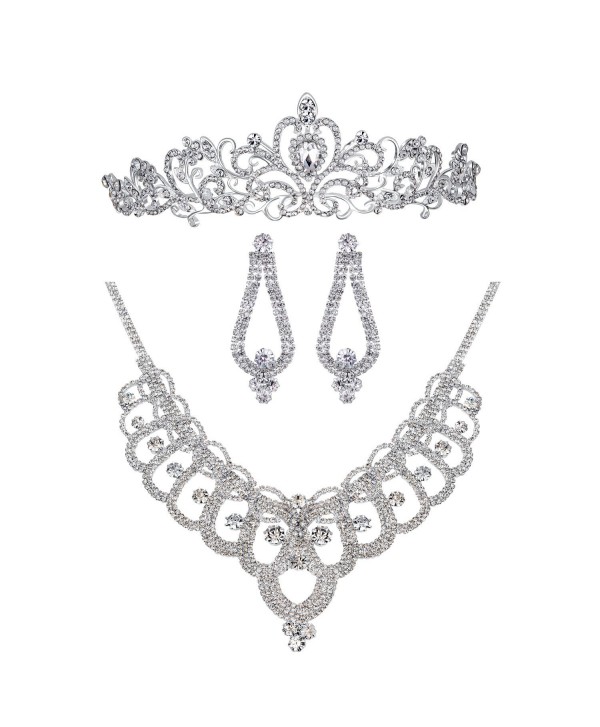 Bella-Vogue Rhinestone Crystal Statement Bridal Necklace + Earrings + Crown Jewelry Sets-NO.159 - CL11YPAI441