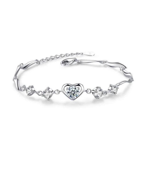 Heart Bracelet For Women- Sterling Silver Love Heart Adjustable CZ Charm Bracelet - CX1874IYNYL