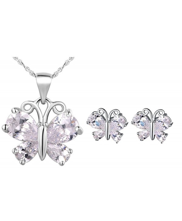 Jewelry Sets- Layla White Gold Plated Crystal Bridal Pendant Necklace Earrings Sets - Silver(Butterfly) - C311Z7ASUAZ