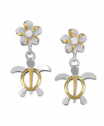 Sterling Silver with 14kt Yellow Gold Plated Accents Small Turtle and Plumeria Dangle Earrings - CM1152JL6AX