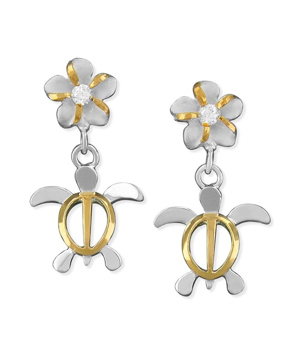 Sterling Silver with 14kt Yellow Gold Plated Accents Small Turtle and Plumeria Dangle Earrings - CM1152JL6AX