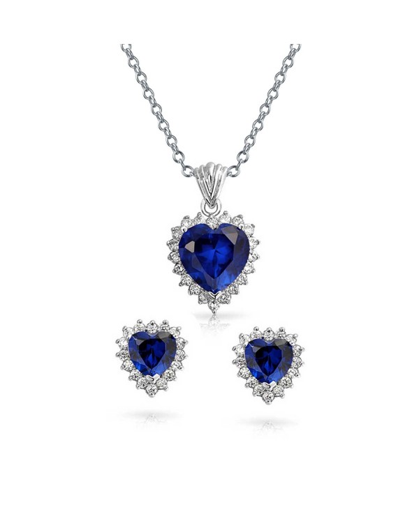 Bling Jewelry Blue Sapphire Color CZ Heart Pendant Necklace Earring Set 18 Inch - CD11FUFM0YL