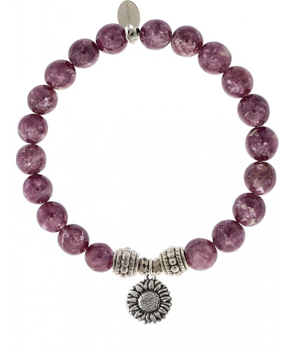 EvaDane Natural Lepidolite Gemstone Rope Bead Sunflower Charm Stretch Bracelet - CJ12KAWSO6Z