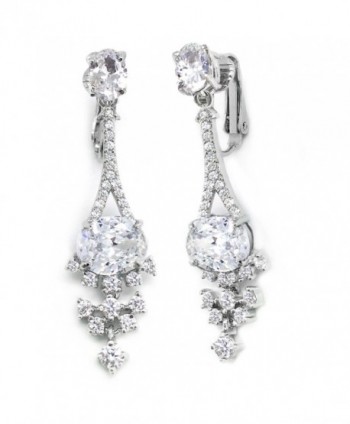 Sparkly Bride CZ Clip on Earrings Cluster Rhodium Plated Women Fashion Long 1.75 inches - CP11WRJMLJH