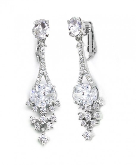 Sparkly Bride CZ Clip on Earrings Cluster Rhodium Plated Women Fashion Long 1.75 inches - CP11WRJMLJH