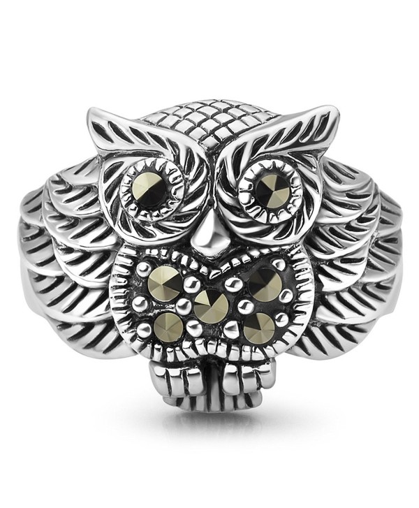 925 Oxidized Sterling Silver Owl Bird Marcasite Band Ring Women Jewelry Size 6- 7- 8 - C01267R6LEZ
