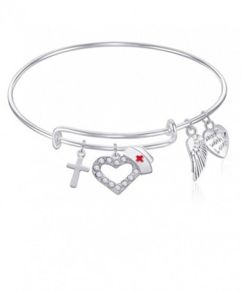 NURSE Expandable Wire Bangle Bracelet with Cross Charm and Angel Wing Charm Silver Finish GIFT BOXED - CI12O8BO6AL