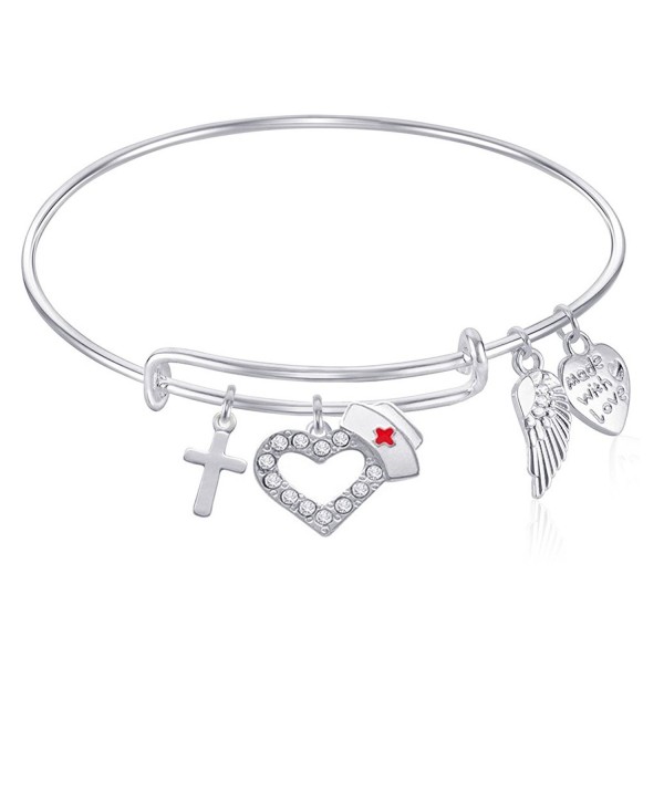 NURSE Expandable Wire Bangle Bracelet with Cross Charm and Angel Wing Charm Silver Finish GIFT BOXED - CI12O8BO6AL