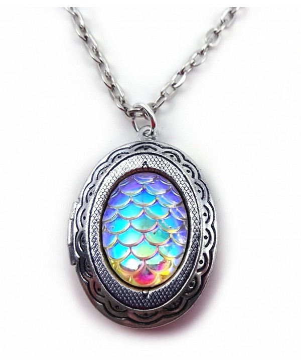 Small Oval silver toned Dragon Egg Locket Necklace - Mermaid Scale Pendant 18in Chain - CL12N1DLEAV
