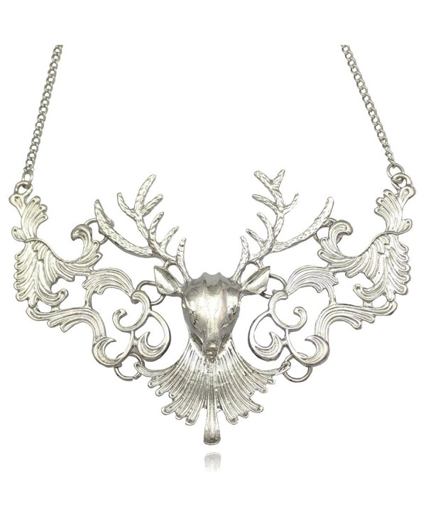 Victorian Filigree Scroll Christmas Reindeer Deer Buck Horn Elk Skull Antler Stag Bib Necklace - CF128R3WQIR