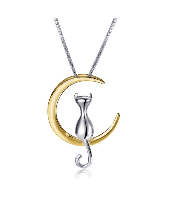 S.Leaf Cat Moon Necklace Sterling Silver Cat and Moon Collar Necklace - silver and gold - CX12JWZTW8B