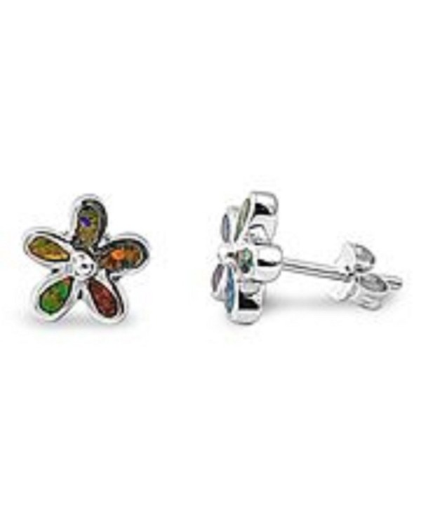 Black Lab Created Opal Plumeria Flower Sterling Silver Small Post Stud Earrings - CO11ESPE5SD