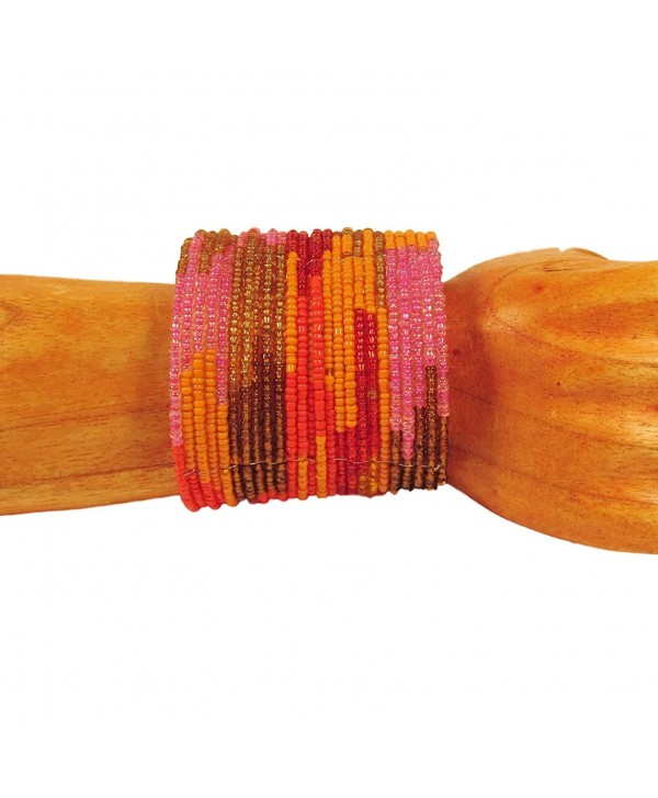 Wide Tribal Beaded Cuff Orange/Pink Multi Color Disco Inspired Bracelet Bali Bay Trading Co - CS120LYPGT1