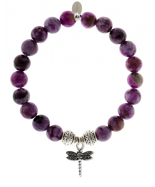 EvaDane Natural Sugilite Gemstone Tibetan Bead Dragonfly Charm Stretch Bracelet - CE12056AP8L