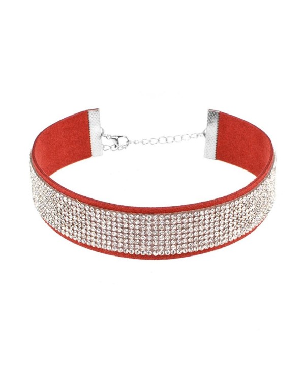 Sanwood Adjustable Rhinestone Velvet Choker Collar Necklace Punk Jewelry - Red + White - C417YENWQDD