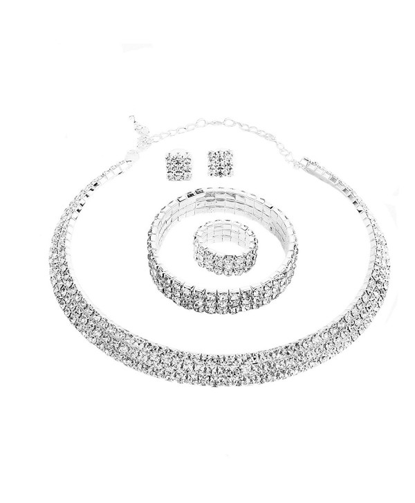 Santfe Crystal Rhinestone Choker Necklace Earrings Bracelet Ring Jewelry Set - White - C512MWABGF7