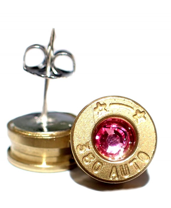 Small 380 caliber Gold Bullet shell Earrings Stainless steel post w Pink crystal - CX11UDR5LID