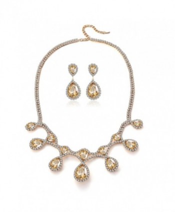 Paxuan Teardrop Champagne Necklace Earrings - Gold Plated Champagne Crystal - C117Z62ONGZ