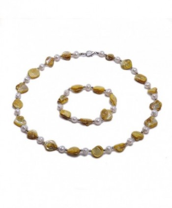 JYX White Freshwater&Seashell Pearl Necklace and Bracelet Set Jewelry for Women - Yellow - C112LOYDYCN