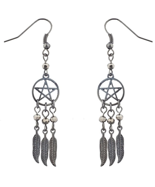 Lux Accessories Hematite Pentagram Beaded Dreamcatcher feather dangle earrings - CI12LV66TA7