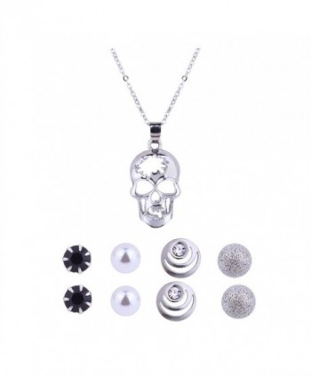 Shoopic Crystal Pearl Earrings and Heart Rose Skull Pendant Necklace Jewelry Set for Women - skull jewelry set - CR1809LRHRD