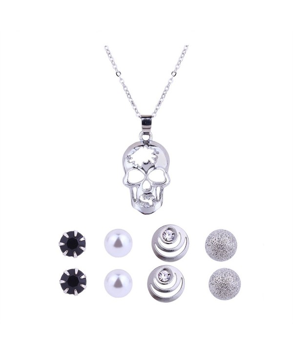 Shoopic Crystal Pearl Earrings and Heart Rose Skull Pendant Necklace Jewelry Set for Women - skull jewelry set - CR1809LRHRD