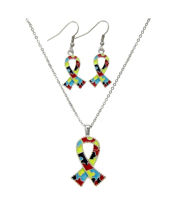 PammyJ Silvertone Autism Ribbon Pendant Necklace and Earring Set- 18" + 3" ext - CF11CIM0ZCN