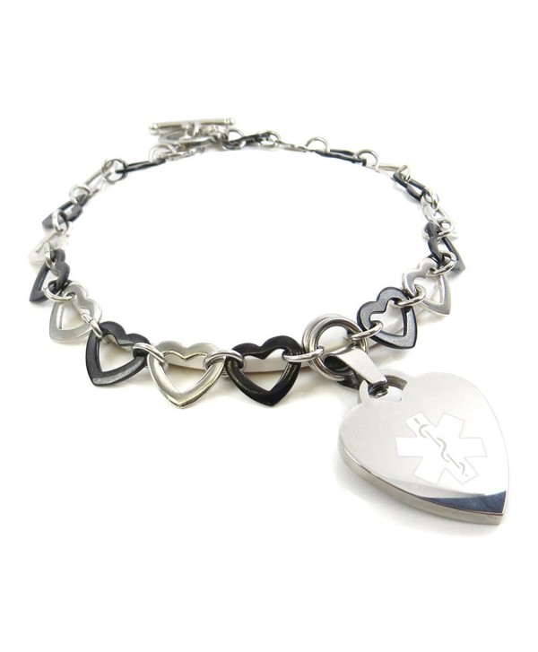 MyIDDr - Pre-Engraved & Customized Women's Epilepsy Toggle Medical Charm Bracelet- Black & Steel Hearts - CI11KGV6YAT