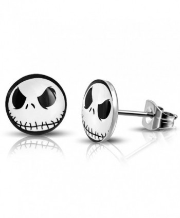 Stainless Steel Jack Skellington Round Circle Button Stud Post Earrings - Silver - CK184ZQ78KQ