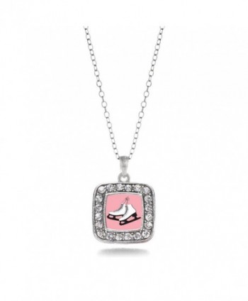 Figure Skating Ice Skates Charm Classic Silver Plated Square Crystal Necklace - CJ11MCHU2C7