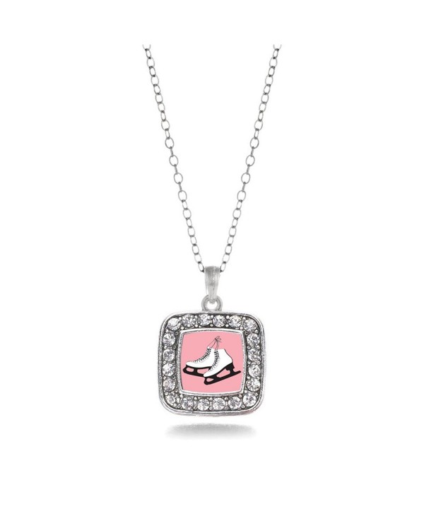 Figure Skating Ice Skates Charm Classic Silver Plated Square Crystal Necklace - CJ11MCHU2C7