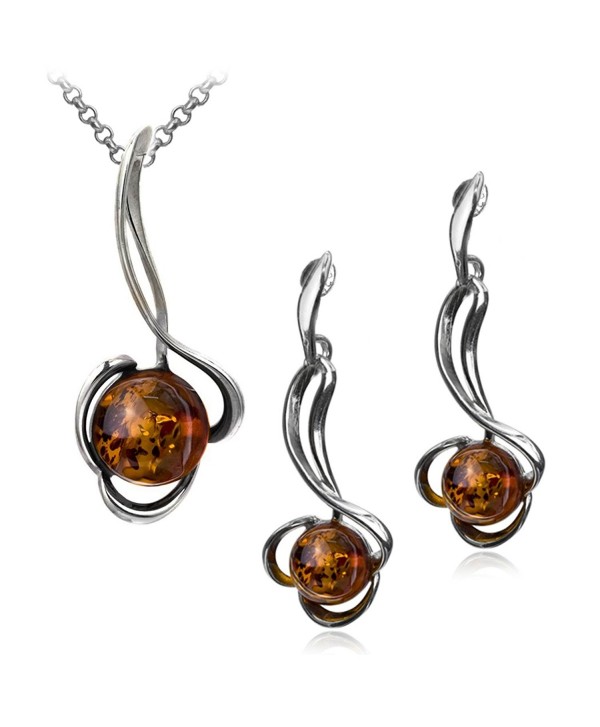 Sterling Silver Amber Ball Stud Earrings and Pendant Set 18 Inches - CU11OQBJGAZ