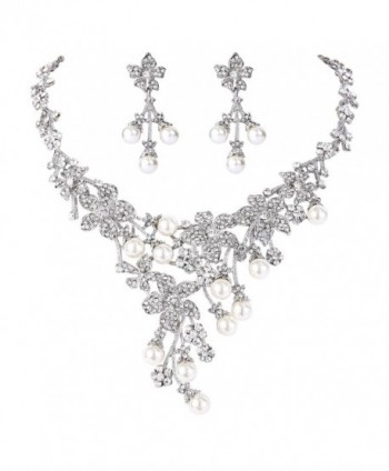 EVER FAITH Wedding Flower Cluster Simulated Pearl Necklace Earrings Set Clear Austrian Crystal - CH11K4KON8D